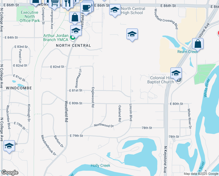 map of restaurants, bars, coffee shops, grocery stores, and more near 1740 East 81st Street in Indianapolis