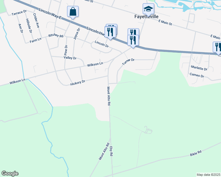 map of restaurants, bars, coffee shops, grocery stores, and more near 408 Mont Alto Road in Fayetteville