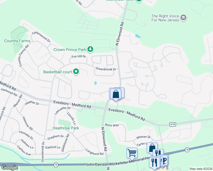 map of restaurants, bars, coffee shops, grocery stores, and more near 11 Crofton Chase Court in Evesham
