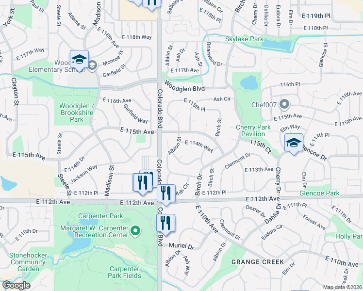 map of restaurants, bars, coffee shops, grocery stores, and more near 11388 Albion Street in Thornton