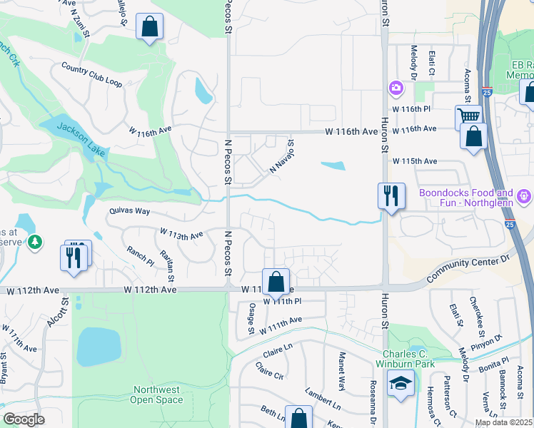 map of restaurants, bars, coffee shops, grocery stores, and more near 11368 Navajo Circle in Westminster