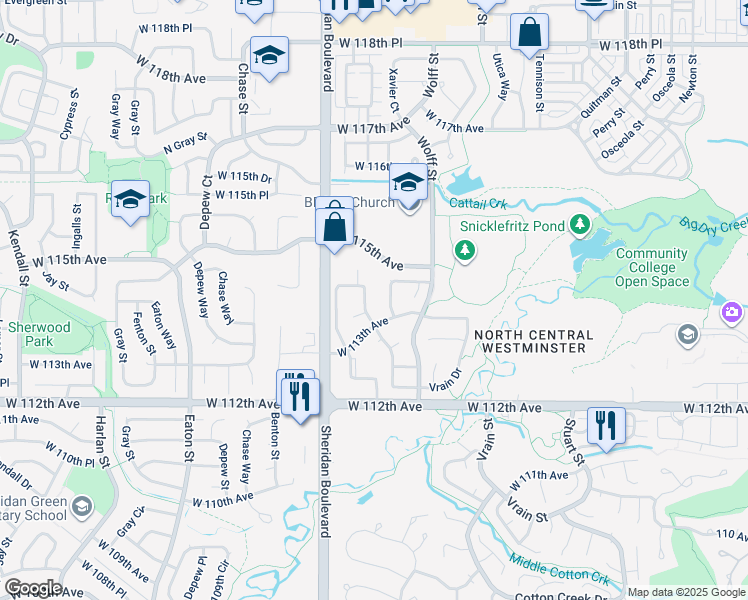 map of restaurants, bars, coffee shops, grocery stores, and more near 11314 Xavier Drive in Westminster