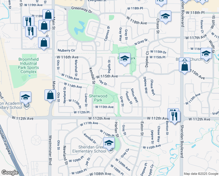 map of restaurants, bars, coffee shops, grocery stores, and more near 11386 Harlan Street in Westminster