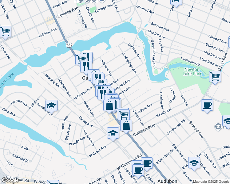 map of restaurants, bars, coffee shops, grocery stores, and more near 23 East Greenwood Avenue in Oaklyn