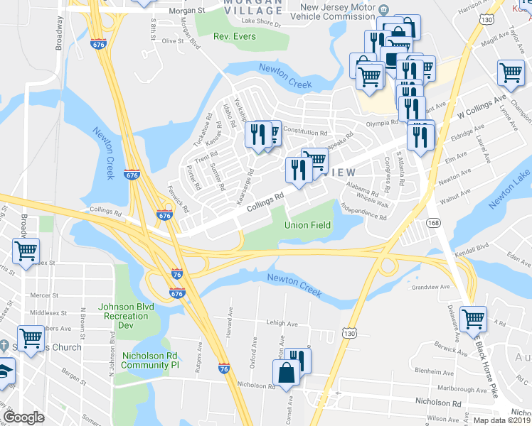 map of restaurants, bars, coffee shops, grocery stores, and more near 1158 South Merrimac Road in Camden