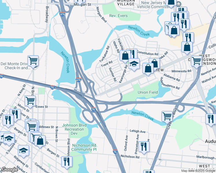 map of restaurants, bars, coffee shops, grocery stores, and more near 3148 West Ironside Road in Camden