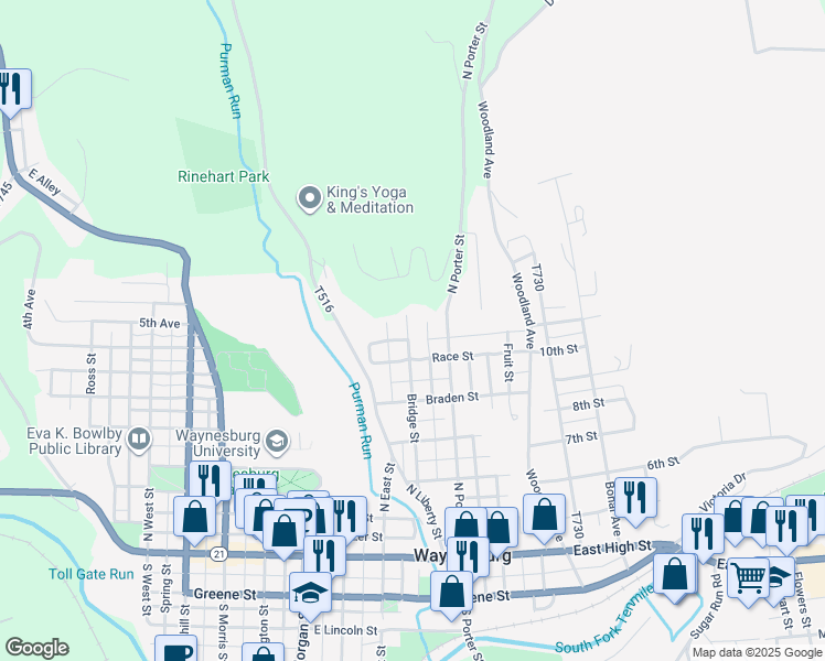 map of restaurants, bars, coffee shops, grocery stores, and more near 160 Sugar Run Road in Waynesburg