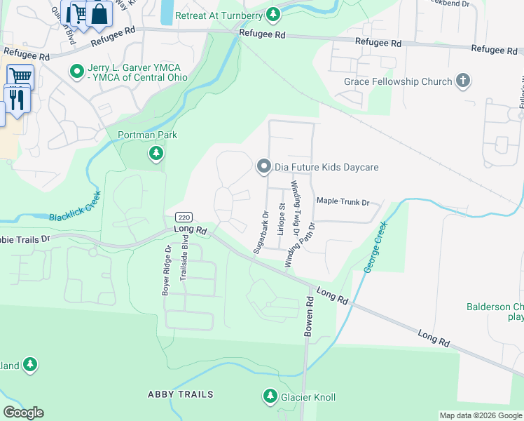 map of restaurants, bars, coffee shops, grocery stores, and more near 3866 Sugarbark Drive in Canal Winchester