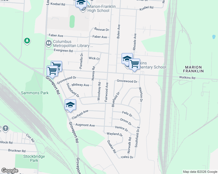 map of restaurants, bars, coffee shops, grocery stores, and more near 3044 Fairwood Avenue in Columbus