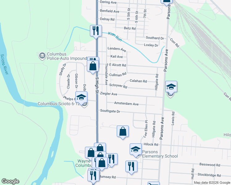 map of restaurants, bars, coffee shops, grocery stores, and more near 59 Ziegler Avenue in Columbus
