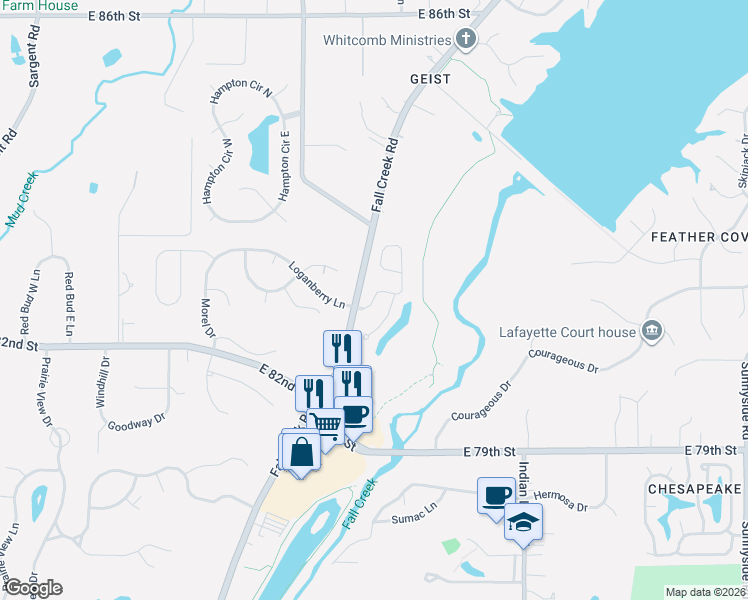 map of restaurants, bars, coffee shops, grocery stores, and more near 8077 Foxchase Drive in Indianapolis