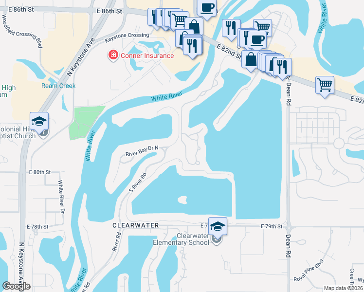 map of restaurants, bars, coffee shops, grocery stores, and more near 7876 Clearwater Parkway in Indianapolis