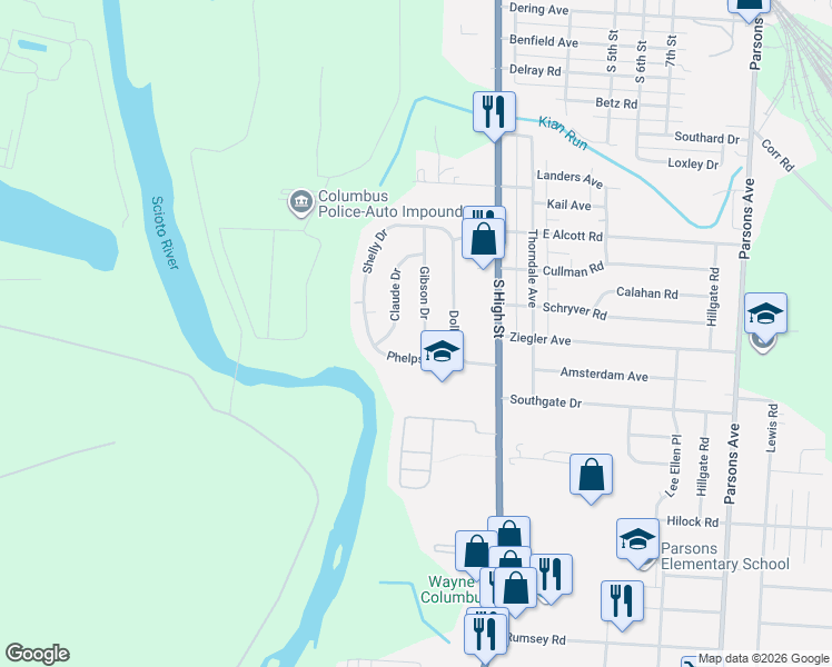 map of restaurants, bars, coffee shops, grocery stores, and more near 2854 Gibson Drive in Columbus
