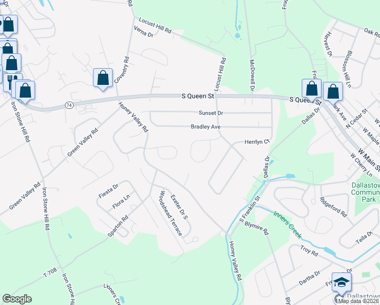 map of restaurants, bars, coffee shops, grocery stores, and more near 341 Majestic Circle in Dallastown