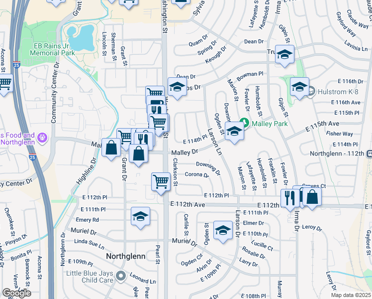 map of restaurants, bars, coffee shops, grocery stores, and more near 845 Malley Drive in Northglenn