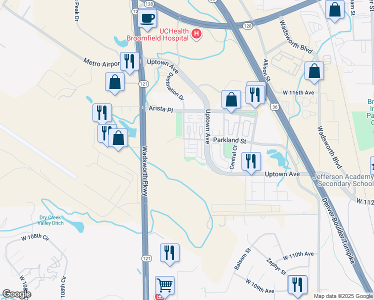 map of restaurants, bars, coffee shops, grocery stores, and more near 8508 Redpoint Way in Broomfield