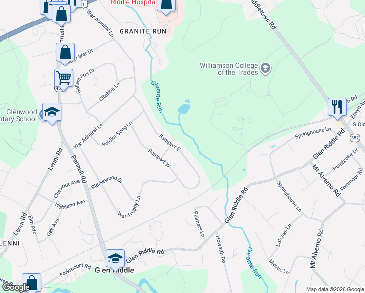 map of restaurants, bars, coffee shops, grocery stores, and more near 35 Rampart East in Media