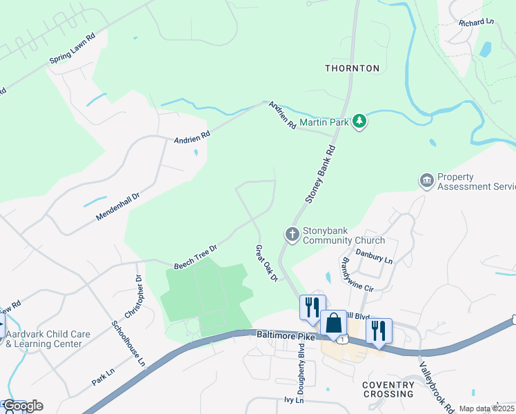 map of restaurants, bars, coffee shops, grocery stores, and more near 19 Beech Tree Drive in Glen Mills