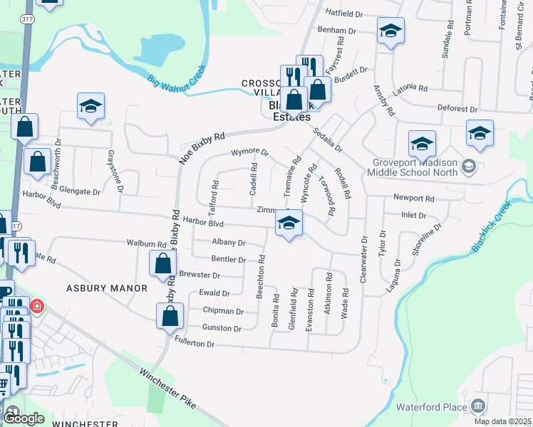 map of restaurants, bars, coffee shops, grocery stores, and more near 5077 Zimmer Drive in Columbus