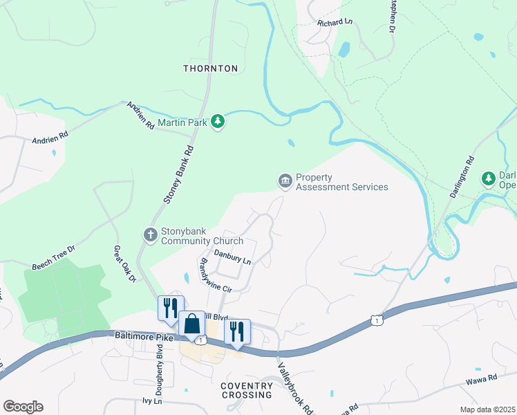 map of restaurants, bars, coffee shops, grocery stores, and more near 134 Deerfield Court in Glen Mills