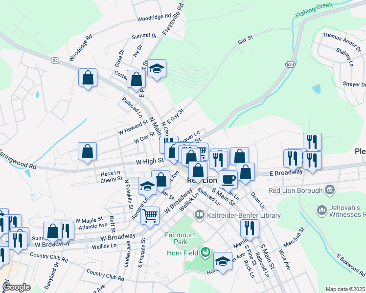 map of restaurants, bars, coffee shops, grocery stores, and more near 47 East High Street in Red Lion