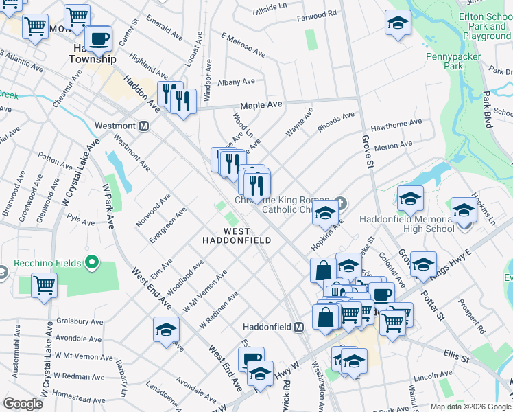 map of restaurants, bars, coffee shops, grocery stores, and more near in Haddonfield