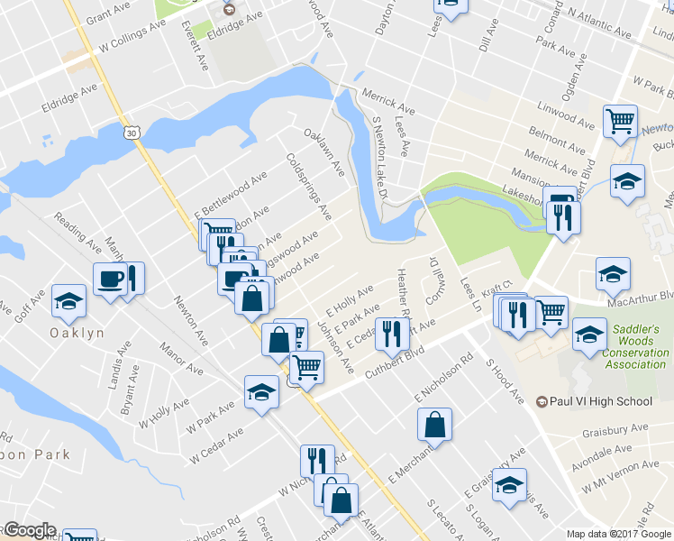 map of restaurants, bars, coffee shops, grocery stores, and more near 152 East Oakland Avenue in Oaklyn