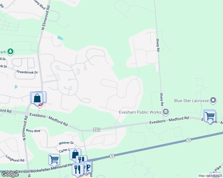 map of restaurants, bars, coffee shops, grocery stores, and more near 72 Huxley Circle in Evesham