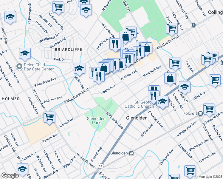map of restaurants, bars, coffee shops, grocery stores, and more near 107 South Wells Avenue in Glenolden