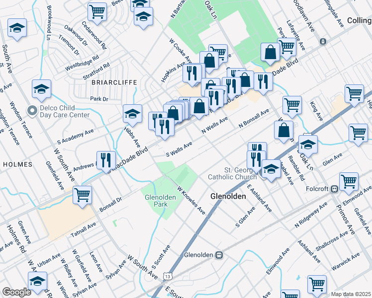 map of restaurants, bars, coffee shops, grocery stores, and more near 107 South Wells Avenue in Glenolden
