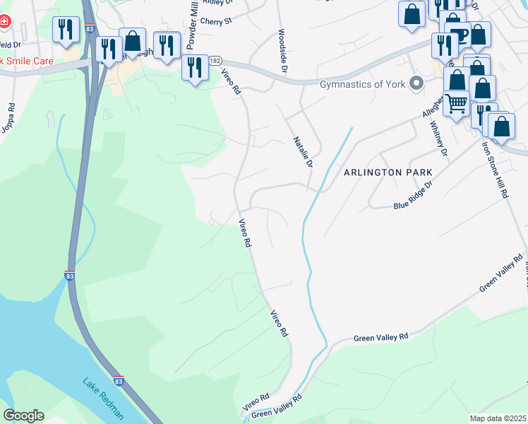 map of restaurants, bars, coffee shops, grocery stores, and more near 2730 Sierra Drive in York