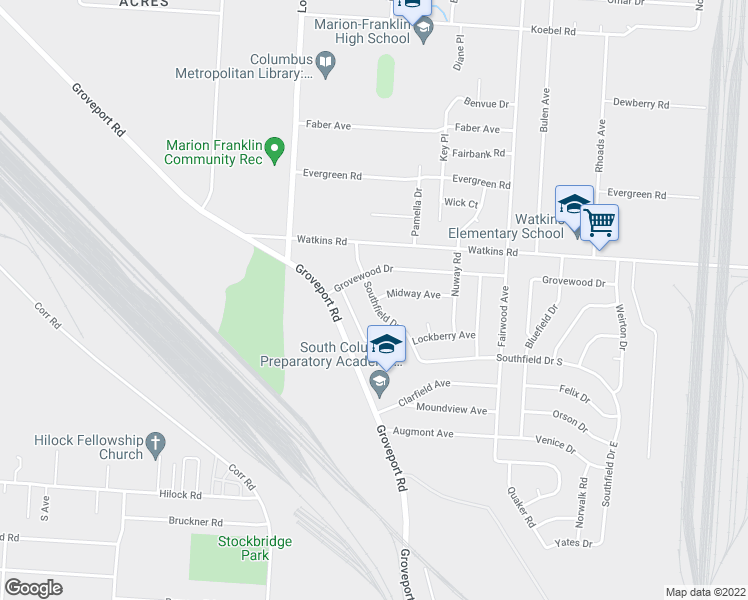 map of restaurants, bars, coffee shops, grocery stores, and more near Southfield Dr & Midway Ave in Columbus