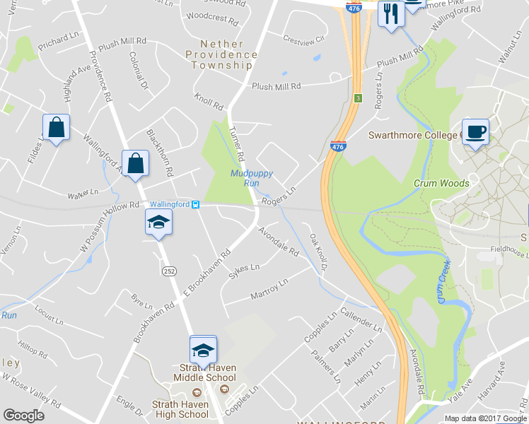 map of restaurants, bars, coffee shops, grocery stores, and more near 118 East Brookhaven Road in Nether Providence Township