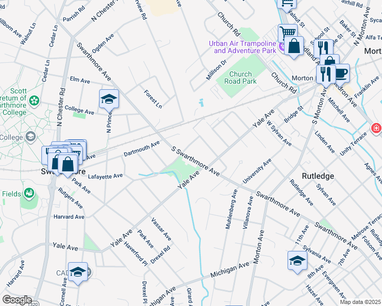 map of restaurants, bars, coffee shops, grocery stores, and more near 207 South Swarthmore Avenue in Swarthmore