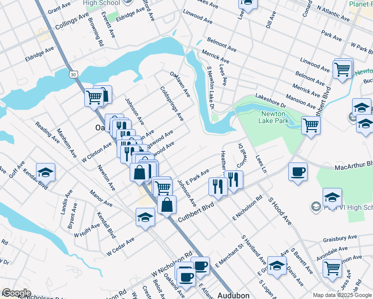map of restaurants, bars, coffee shops, grocery stores, and more near 152 East Oakland Avenue in Oaklyn