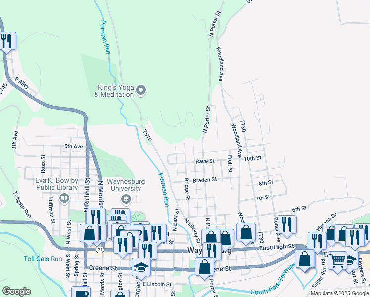 map of restaurants, bars, coffee shops, grocery stores, and more near 600 Bridge Street in Waynesburg