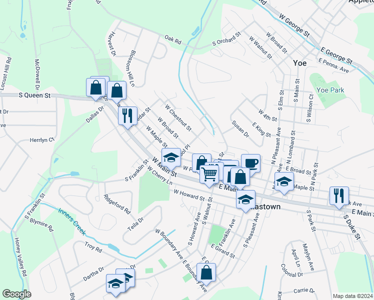 map of restaurants, bars, coffee shops, grocery stores, and more near 161 North School Place in Dallastown