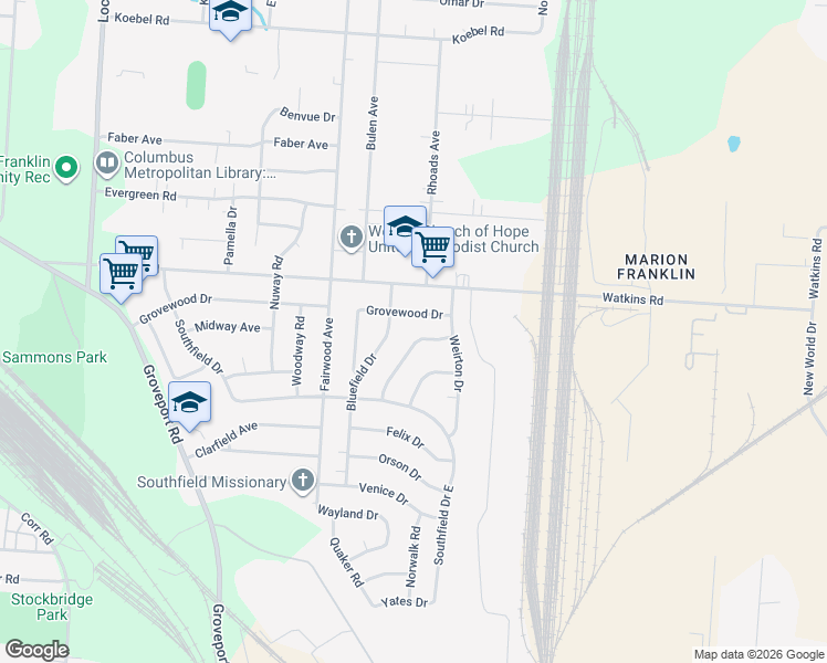 map of restaurants, bars, coffee shops, grocery stores, and more near 3075 Huntington Drive in Columbus