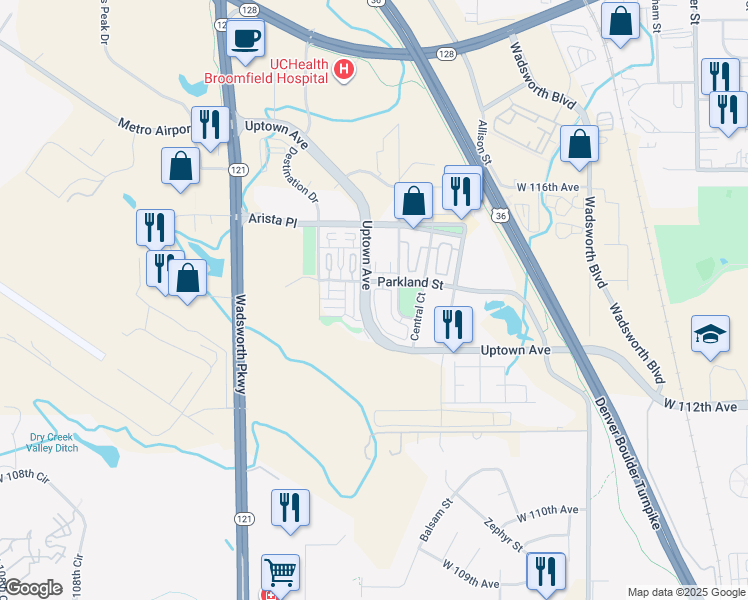 map of restaurants, bars, coffee shops, grocery stores, and more near 11296 Colony Circle in Broomfield