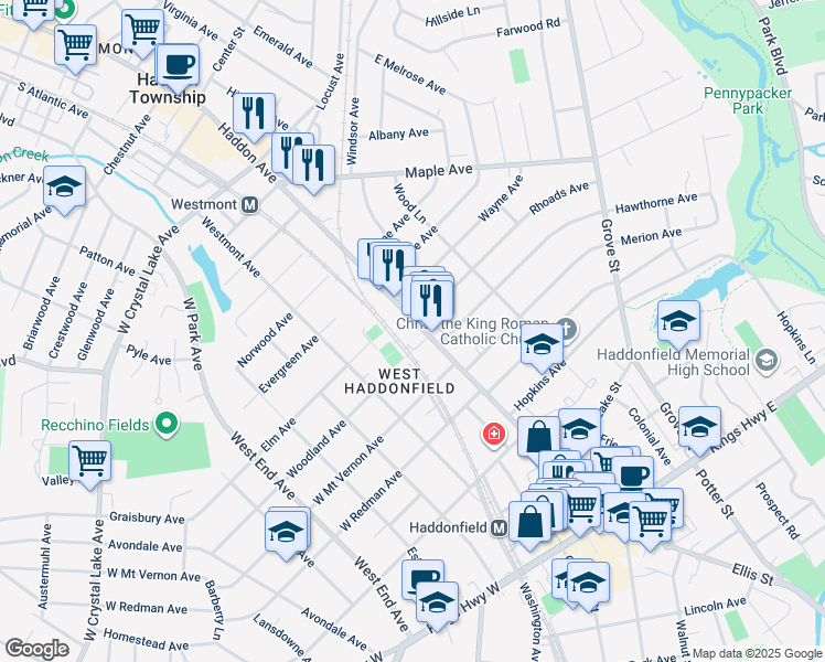 map of restaurants, bars, coffee shops, grocery stores, and more near in Haddonfield