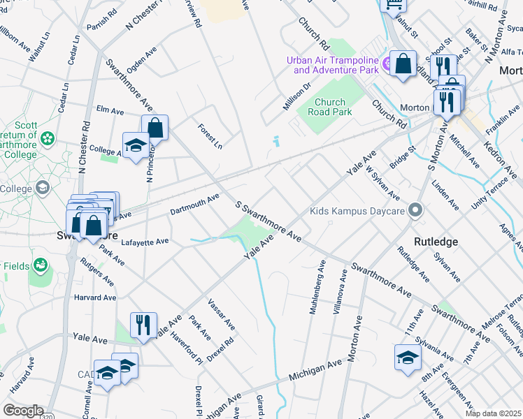 map of restaurants, bars, coffee shops, grocery stores, and more near 207 South Swarthmore Avenue in Swarthmore