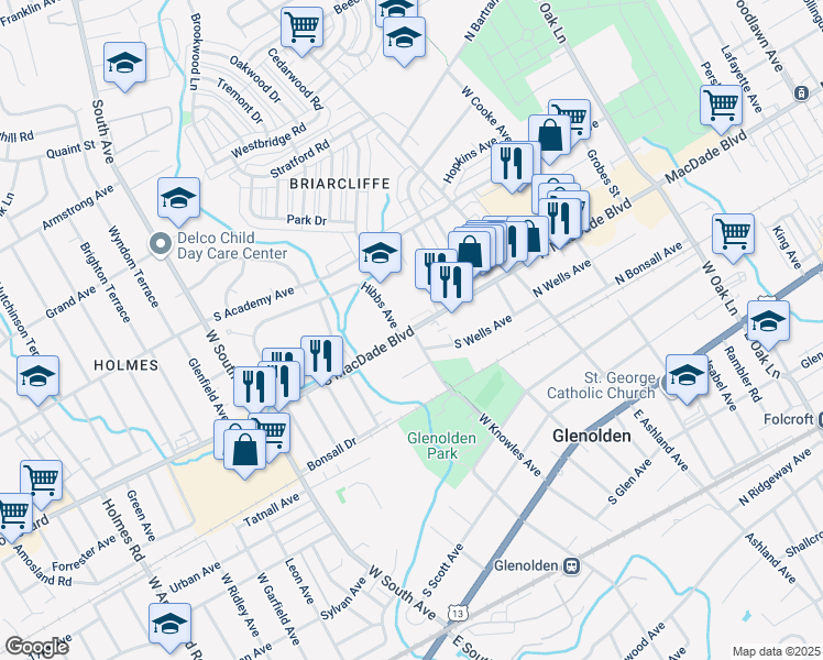 map of restaurants, bars, coffee shops, grocery stores, and more near S MacDade Blvd & W Knowles Ave in Glenolden