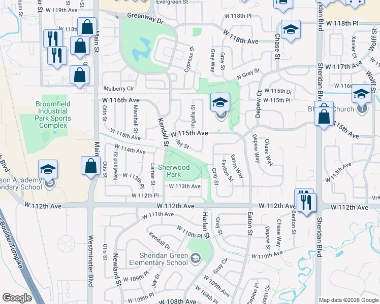 map of restaurants, bars, coffee shops, grocery stores, and more near 11427 Jay Street in Broomfield
