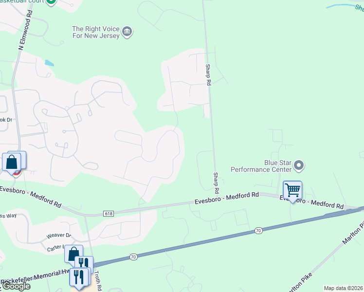 map of restaurants, bars, coffee shops, grocery stores, and more near 54 Lowell Drive in Evesham