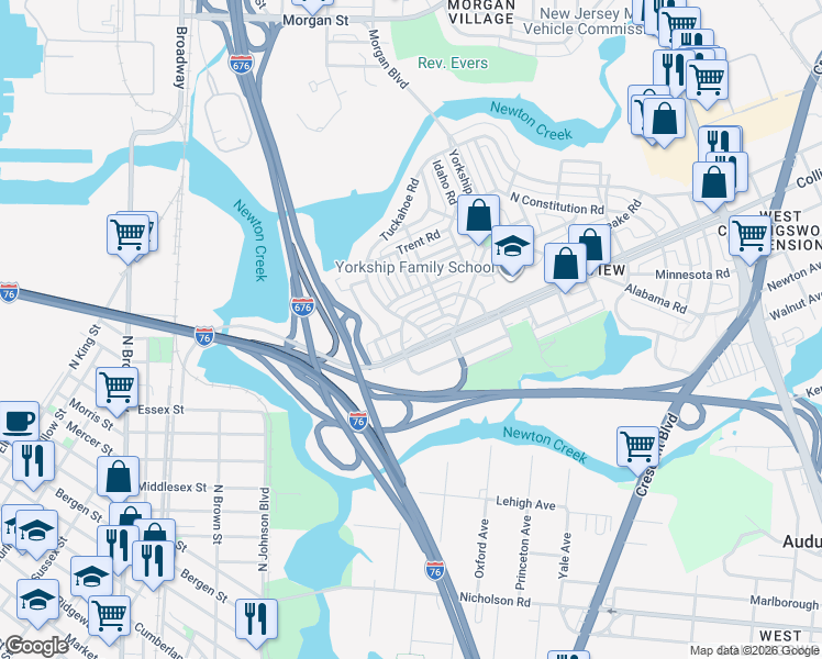 map of restaurants, bars, coffee shops, grocery stores, and more near 3148 West Ironside Road in Camden