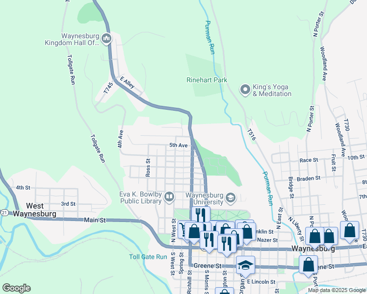 map of restaurants, bars, coffee shops, grocery stores, and more near 755 North Richhill Street in Waynesburg