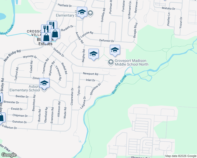 map of restaurants, bars, coffee shops, grocery stores, and more near 5463 Inlet Drive in Columbus