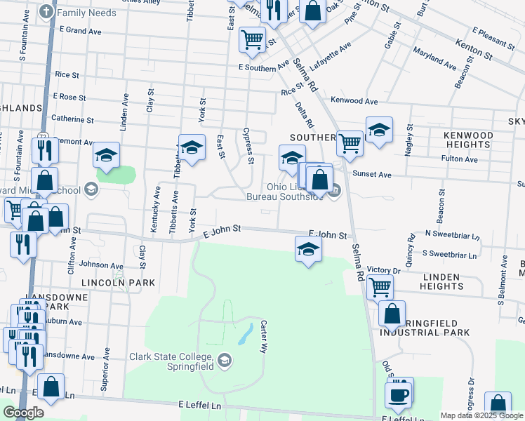 map of restaurants, bars, coffee shops, grocery stores, and more near 910 East John Street in Springfield