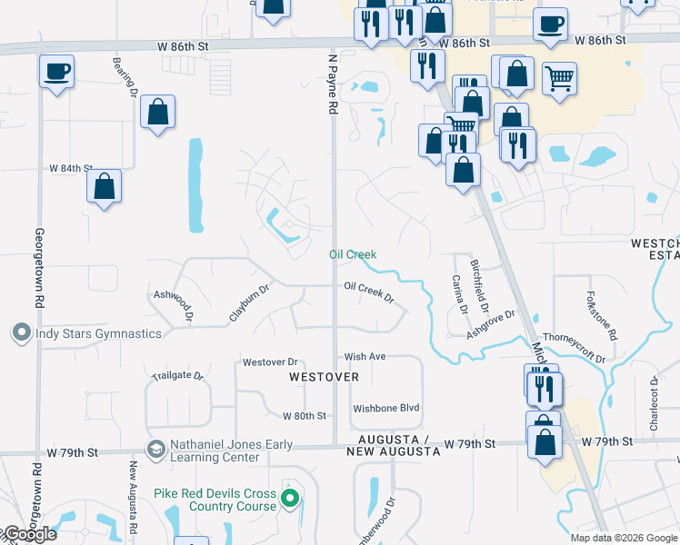 map of restaurants, bars, coffee shops, grocery stores, and more near 3812 Oil Creek Drive in Indianapolis