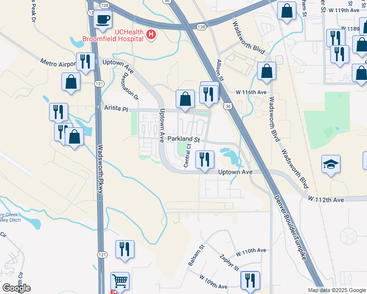 map of restaurants, bars, coffee shops, grocery stores, and more near 11337 Central Court in Broomfield